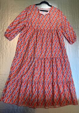 XXL Orange Geometric Boho Tiered Midi Dress 3/4 Sleeve NWOT